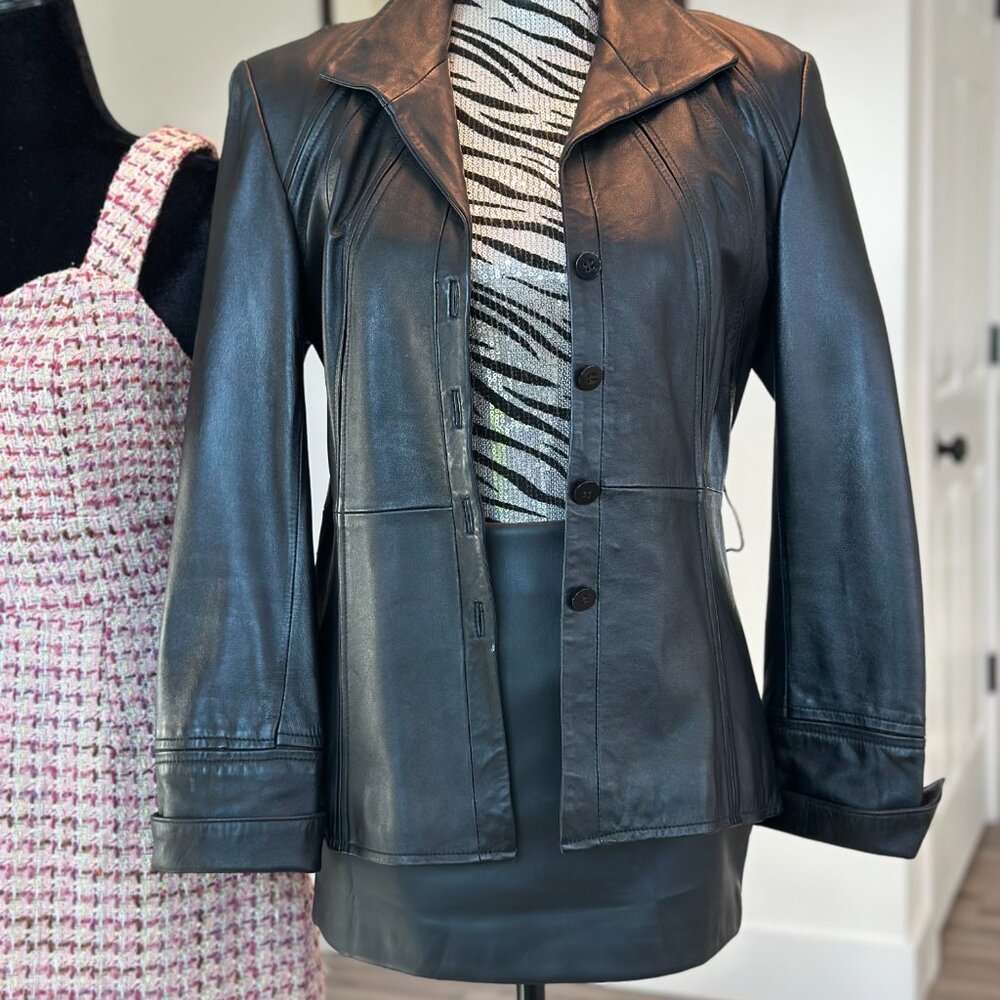 MARVIN RICHARDS Soft Black 100% Leather Button Down Jacket Women  S